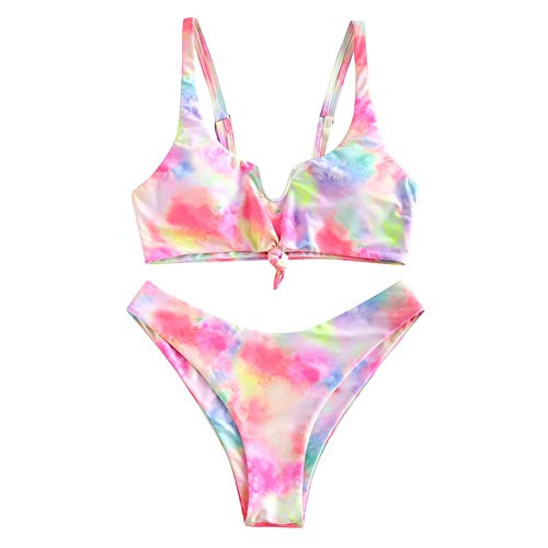 Zaful, costume da bagno da donna 2 pezzi, stile Tankini, set da spiaggia con reggiseno a tinta unita, con annodatura, imbottitura e bretelle, slip con motivo a foglie tropicali Tie-dye-1. L