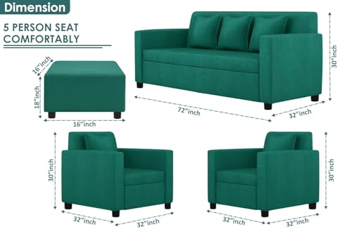 Image of DIVISHA HOMES 3+1+1 Seater Sofa Set with Ottoman - Modern Velvet Fabric Sofa Set for Living Room, Deep Seating Comfort with Cushions - Green Color