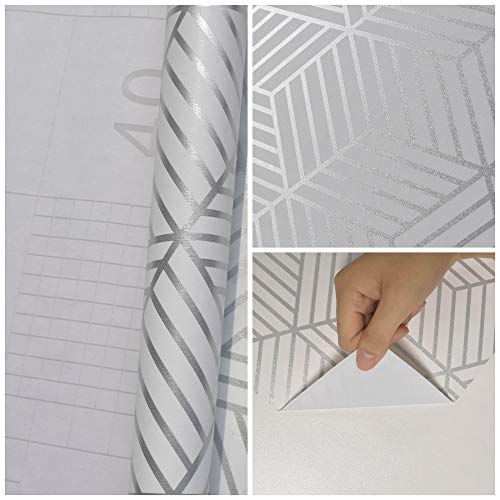 Image of MelunMer White and Silver Peel and Stick Hexagon Wallpaper, 17.7 inchx118 inch, 14.5 sq ft, Self-Adhesive, Modern, Geometric Pattern | Sliver Stripe Wallpaper Self Adhesive Removable Wallpaper Geometric Pattern Hexagon Wallpaper Shelf Drawer Liner Vinyl Film