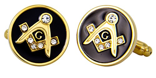 Vittorio Vico Round Masonic Cufflinks with Stones for Men - Unique Mens Jewelry - Best Gift for Him, Dad, Uncle, Bestfriend, Groom (Gold/Black)