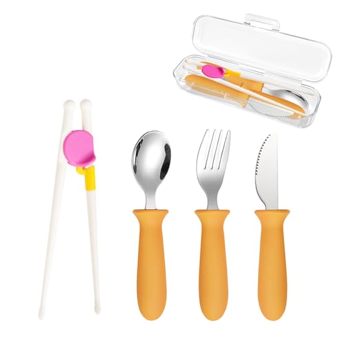 Toddler Utensils, Stainless Steel Baby Spoon, Fork & Knife with Silicone Handle, Kids Training Chopsticks, Kids Silverware with Portable Storage Case, Non-Slip Grip, BPA-Free, 4 pack
