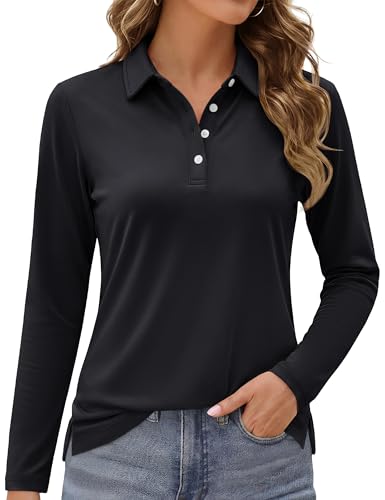 Magcomsen Long Sleeve Polo Shirts For Women Upf 50+ Golf Shirt Workout Tops Women Sport Active T-Shirt Collared Black,M