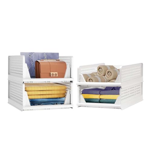 Image of Go Hooked Foldable Wardrobe Organizer with Drawer Style Pull Out Design | Pack of 4 (2Large+2Small) 44x34cm Shelf Storage Box | Heavy Duty Plastic Shirt Stacker for Cupboard, Almirah & Closet | White