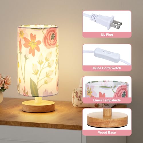 Image of Fenmzee Floral Table Lamp for Bedroom - Inline Control, Small Bedside Lamp with 3000K A15 LED Blub, Easy Assembly (Floral White Shade, 9 inch Inline Control)