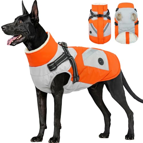 FUAMEY Dog Winter Jackets for Large Dogs,Dog Coat with Harness Built in,Waterproof Dogs Snowsuits Warm Pet Jacket Zip Up Fleece Cold Weather Coats Reflective Safety Pets Hunting Vest Orange
