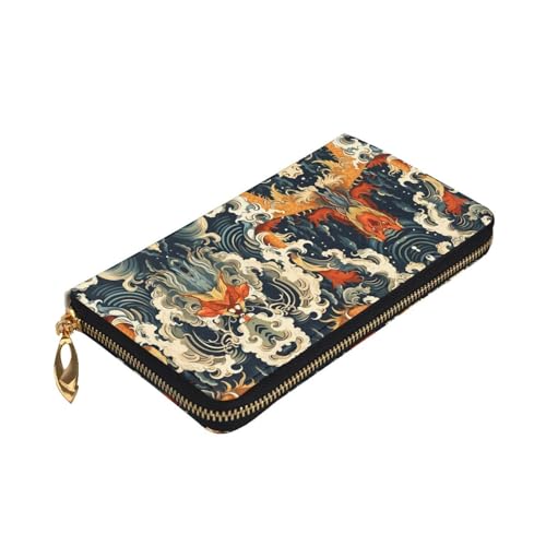 Stylish fish leap dragon gate Pattern Leather Wallet - Long Clutch for Women, RDurable Material, 12 Card Slots, Zipper Compartments3