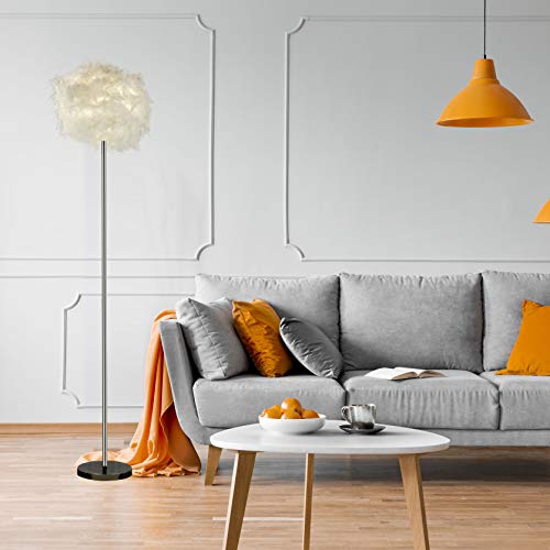 Feather Floor Lamp With White Faux Ostrich Feather Shade - Feather Lamps For Bedrooms Standing Lamp For Living Rooms - Floor Lamp For Bedrooms - Chic Feather Fur Shade Chrome Metal Finish #TOP3