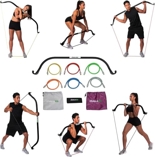 Gorilla Bow Lite All-in-One Home Gym System Portable Resistance Band Bar for Strength Training HIIT & Full Body Workouts Lightweight Design for Home Travel & Outdoor Use (Black Heavy Bundle)