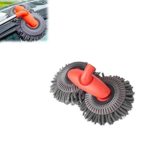 Vulaop Brosse de lavage de voiture à double tête avec manche télescopique multifonction en microfibre chenille rotative à 360 ° pour voiture, camping-car, camion, caravane (tête)