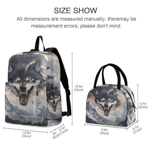 Backpack Lunch Bag Set Surreal Wolf Print, Big Storage Travel Backpacks with Insulated Lunch Box for Office Hiking Picnic2