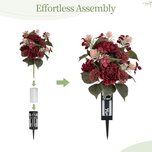 Red Christmas Flowers for Cemetery: 2 Pcs Peony Grave Flower Bouquets for Cemetery Decorations - Outdoor Gravesite Flowers with Vase image 5