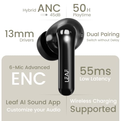 Image of Leaf Pods X1 Wireless Earbuds with 45dB Hybrid ANC, 50H Playtime, 13mm Drivers, Bluetooth 5.3, Wireless Charging, Dual Pairing, AI Sound App, Fast Charging, IPX5, ENC Mic, Carbon Black