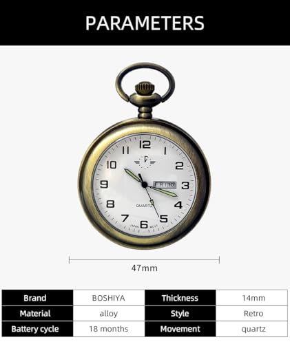 Image of BOSHIYA Smooth Quartz Pocket Watches for Men Classic Arabic Digital Luminous Dial & Day Date Pocket Watch with Chain Christmas Graduation Birthday Gifts
