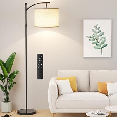 Ambimall Floor Lamp with Remote Control and Stepless Dimmable Bulb, Colors Temperature & Brightness Adjustable, Modern Floor Lamps for Living Room?Beige Shade & Black Pole?