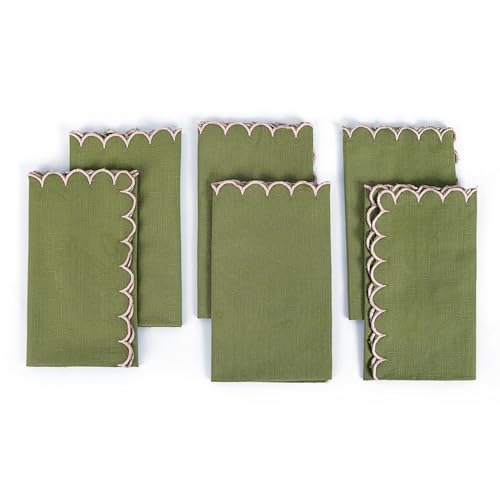Image of FINGERCRAFT Scallop Edge Cloth Napkins | Set of 6 | 20x20 Inches | 100% Cotton | Table Napkins for Any Occasion | Washable, Perfect for Parties and Everyday Use (Olive Slub, Set of 6)