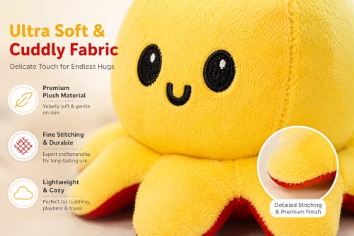 Image of Reversible Octopus Plush Toy 18 cm | Flip Mood Soft Toy | Double-Sided Happy & Angry Expression | Super Soft Stuffed Animal Plushie | Cute Kids Gift, Stress Relief Toy, Home Decor (Red - Yellow)
