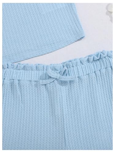 Image of RoseSeek Girl's 2 Piece Outfits Waffle Knit Scoop Neck Button Down Crop Tank Tops Paperbag Waist Track Shorts