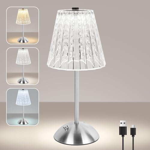 vsshe Lampada da Tavolo Ricaricabile e Senza Fili, 2000mAh Dimmerabile Abat Jour da Comodino Cristallo, Lampada da Comodino Touch Dimmerabile, 3 Colori USB-C, per Camera, Salotto,Ufficio,Bar, argento