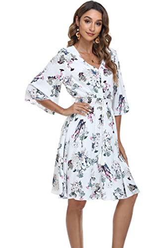 Image of VintageClothing Women's Floral Sundresses Flowy Boho Summer Beach Dress | Lightweight Breathable material,Elegant V Neck and Button Front Design,Flared Bell Sleeve Cut,Mini Casual dress