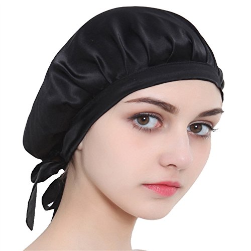 100% Mulberry Silk Night Sleeping Cap Bonnet Hats for Women, Chemo Caps Cancer Headwear Skull Cap,Very Silky & Comfortable Black
