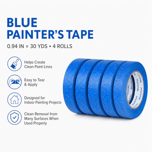 Image of Blue Painters Tape 4 Rolls, 0.94 Inch x 30 Yards, Blue Masking Tape and Paint Tape for Painting, DIY Projects, Classroom Activities, Decoration, Labeling, Wall Trim, Easy Tear Paper Tape