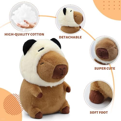 Image of Cute Capybara Plush Wear Panda Hat, Kawaii Soft Capybara Plushie Pillow, 14 inch Capybara Stuffed Animal Hugging Gifts for Kids Adults (Panda Capybara)