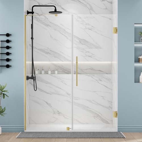 DELAVIN 58-58.5\" W x 72\" H Hinged Swing Shower Door, Frameless Shower Door SGCC Tempered Glass, Ultra-Clear Glass Shower Doors with Stainless Steel Hinges and Magnetic Strips, Gold