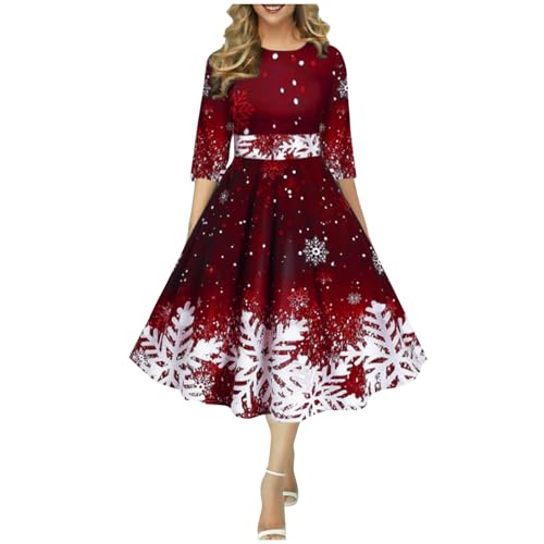 Generisch Festliches Kleid Weihnachtskleid im Retro-Weihnachts-Schneeflocken-Print in einem Langen Kleid mit Rundhalsausschnitt und halblangen Ärmeln...