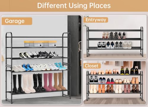 KEETDY 3-Tier Long Shoe Rack for Closet Metal Shoe Organizer for Entryway, Wide Stackable Shoe Storage Shelf with Sturdy Wire Grid for Closet Floor, Bedroom, Black
