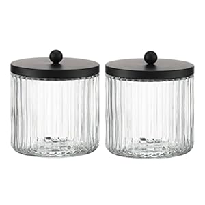 KMwares 2-Pack Glass Qtip Holder Dispenser Set - Bathroom Canister Storage Organizer for Cotton Balls, Swabs, Floss Picks, and Makeup Sponges with Matte Black Metal Lid - Clear Vanity Apothecary Jars KMwares 2 Pack Glass Qtip Holder Dispenser Set Bathroom Canister Storage Organizer for Cotton Balls Swabs Floss Picks and Makeup Sponges with Matte Black Metal Lid Clear Vanity Apothecary Jars