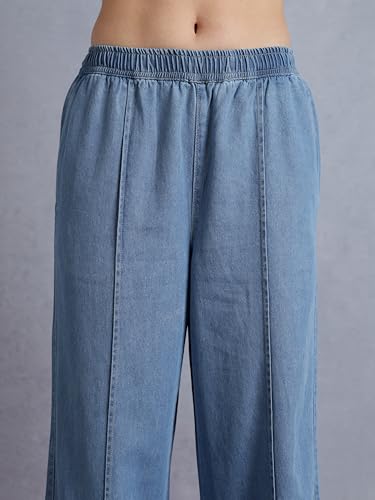Image of INKD Women's Wide Leg Jeans- 100% Cotton | Mid-Rise | Elasticated Waistband | Pintuck Details | Comfort Fit | Palazzo Pants for Women | Lightweight Denim for Summers (Available in Plus Sizes)