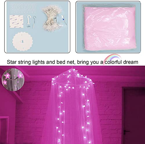 Pink Bed Canopy With 100 Led Star Lights, Princess Elegant Dome Canopy Bed Curtains With Pink Lights Usb Powered, Bed Netting Canopy For Girls,Women,Valentines Day, Suitable For Twin To King Size Bed #TOP4