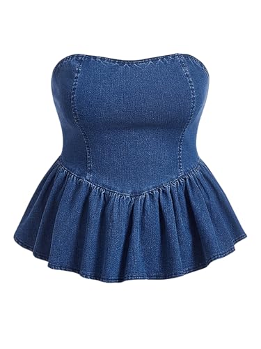 SweatyRocks Women's Plus Size Strapless Denim Ruffle Top Camisole Peplum Y2K Jean Tube Tops