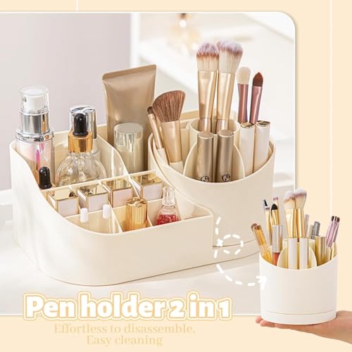 Image of Golden bird 360 Degree Rotating Desk Organizer Makeup Brush Organizers and Pencil Pen Organizers for Desk Desktop Storage Stationery Supplies Cute Pencil Cup Pot for Office School Home (WHITE)