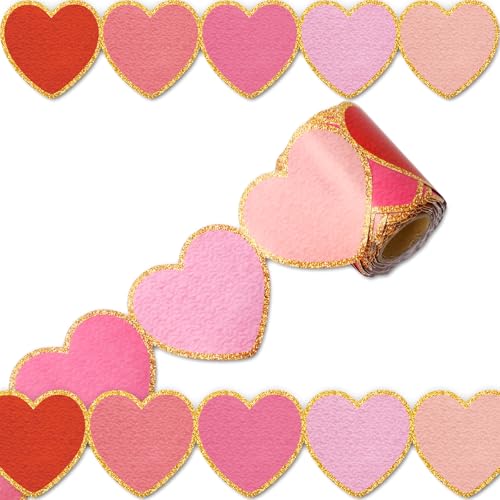 Image of Whaline 32.8 Ft Valentine's Day Bulletin Board Borders Red Pink Heart Shaped Die-Cut Border Trim with Gold Edge for Valentine's Day Anniversary Chalkboard Decoration