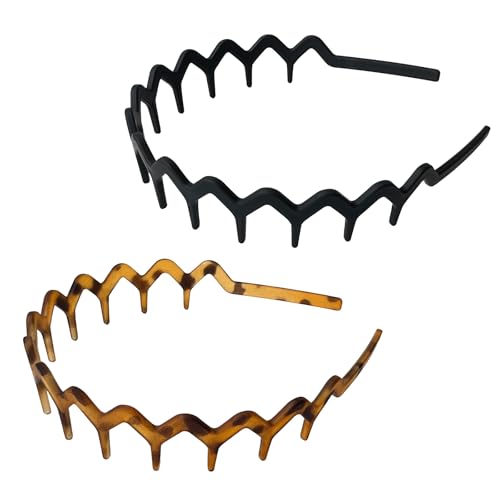 Aivwis Zig Zag Headbands for Women & Men 2 Pack Non Slip Wavy Comb Headband for Slicked Back Hair Lightweight Recycled Plastic Hair Accessories Black & Tortoise (Matte)