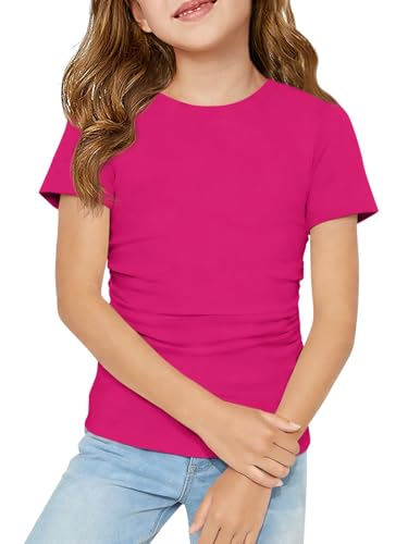Haloumoning Girls Short Sleeve T Shirts Kids Ruched Side Slim Fit Tops Casual Crewneck Tees 5-14 Years Hot Pink