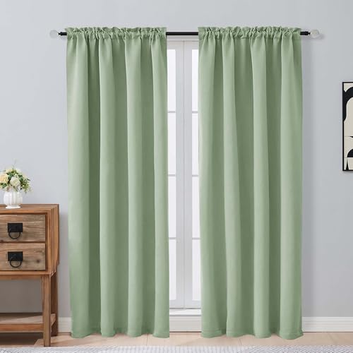 Image of Light Green Blackout Curtains for Girls Room 72 Inch Length 2 Panels Set, Thermal Insulated Curtains for Living Room Nursery, Rod Pocket Window Drapes for Patio French Door Front Door, 2x40Wx72L