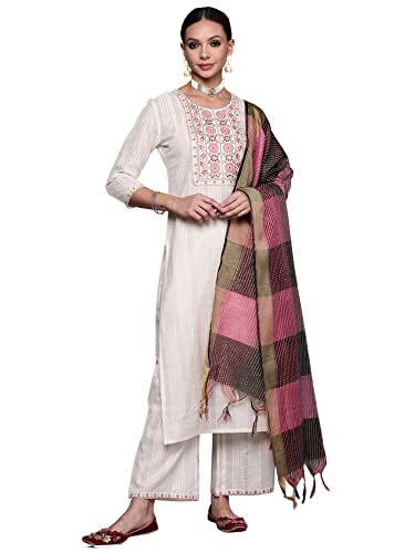 Image of INDO ERA Women's Cotton Blend Ethnic Motifs Straight Kurta with Pant & Dupatta Set (KD0OW4324)