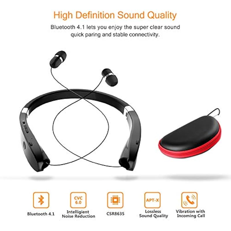 Foldable Bluetooth Headset, Beartwo Lightweight Retractable Bluetooth Headphones for Sports&Exercise, Noise Cancelling Stereo Neckband Wireless Headset (with carry case) Black matte 상세이미지 4
