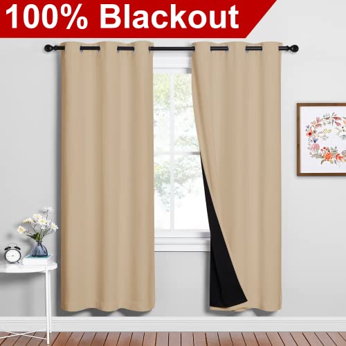 Image of NICETOWN Living Room Completely Shaded Draperies, Privacy Protection & Noise Reducing Ring Top Drapes, Black Lined Insulated Window Treatment Curtain Panels(Biscotti Beige, 2 Pieces, W42 x L72)