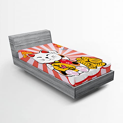 Ambesonne Japanese 2 Pack Fitted Sheet, Starburst Lines Cat, Bed Cover All-Round Elastic Deep Pockets 2 Pieces, Package Contains 2 Twin Size Fitted Sheets, Coral Orange Rose