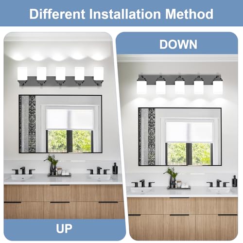 Image of Matte Black Bathroom Light Fixtures, 5 Lights Bathroom Lighting Fixtures Over Mirror, Square Design & Rectangle Large Backplate, Modern Vanity Lighting Fixtures, for Living Room /Bedroom