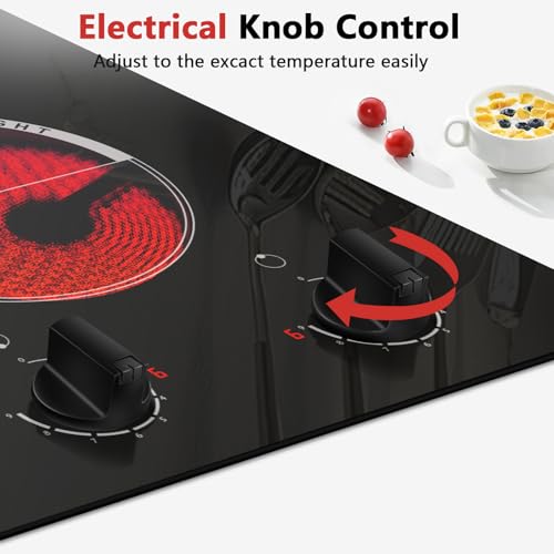 2 Burner Electric Cooktop - 110v Countertop and Built-in Electric Stove 2000W, 12 Inch Ceramic Stove with Residual Heat Indicator, Over-Temperature Protection, Knob Control, 110-120V Plug in