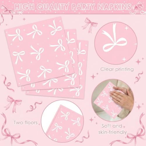 ArtSocket 100 Pcs Pink Bow Party Napkins 2 Ply Disposable Paper Napkins for Coquette Themed Party Decorations for Girls Baby Home Kitchen Birthday Party Supplies, 6.5 x 6.5 Inch