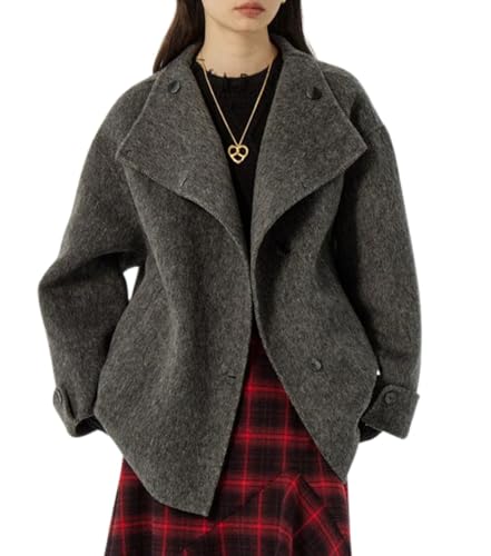 chouyatou Womens Winter Stand Collar Wool Trench Coat Single Breasted Blazer Jacket Coat Loose Outerwear