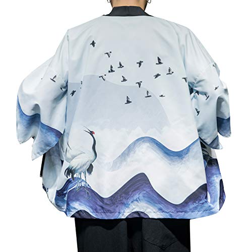 Image of Men's Japanese Kimono Robe Jacket Lightweight 3 /4 Sleeve Open Front Yukata | Silky Smooth Fashion Print Happi Coat Lightweight Breathable Loose Unisex Haori Casual Summer Cardigan Daily Beach Vacation