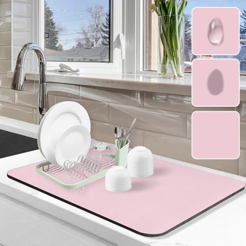 Dish Drying Mat for Kitchen Counter, 16"x24" Pad with Rubber Backed (Pink)