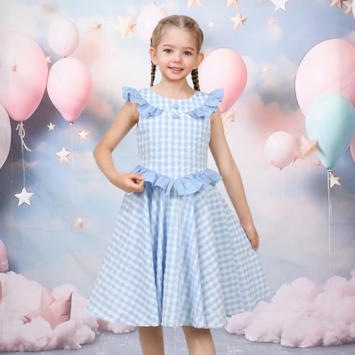Sunny Fashion Girls Dress Light Blue Gingham Plaid Waist Ruffle Cap Sleeve Party3