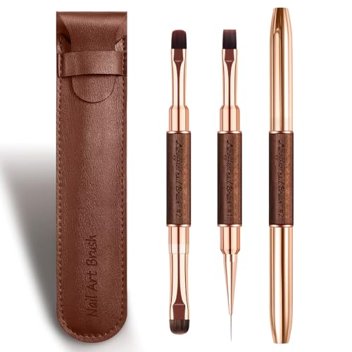 Nail Brushes Set for Builder Gel & Polygel 2-Pack Double-Ended with Wooden Handles & Pouch (Round + Square French tip + Liner)